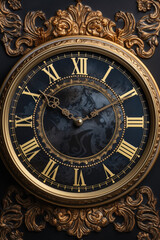Vintage clock face on dark background. Close-up image.