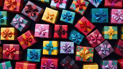 Top view of many colorful gift boxes on black background. Christmas, birthday, valentine, new year concept.