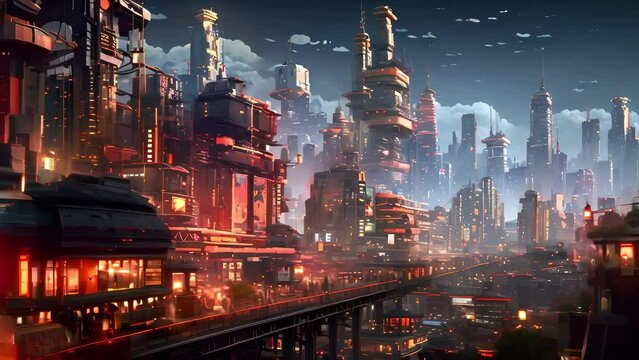 Beautiful Science Fiction Cyberpunk City Skyline with Changing Sky, Shifting Lights, and Shooting Stars. Looping. Animated Background / Wallpaper. VJ / Vtuber / Streamer Backdrop. Seamless Loop.