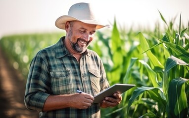 Naklejka na ściany i meble A farmer in a corn field using a digital tablet