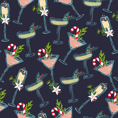Colorful seamless pattern with christmas cocktail glasses and sweets. Party sticker design in vintage style. Vector illustration.