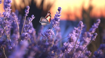 Foto op Plexiglas Paysage de fleurs dans un champs avec un beau papillon sur fond ensoleillé. Champêtre, nature, plante. Fond pour conception et création graphique. © FlyStun