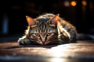 Cat lying on the floor in a dark room - Powered by Adobe