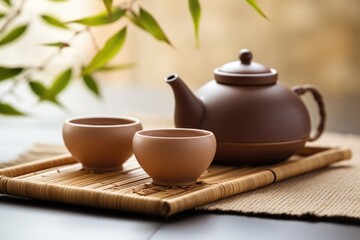 Bamboo mat with teapot and dried leaves on beige background. AI Generated