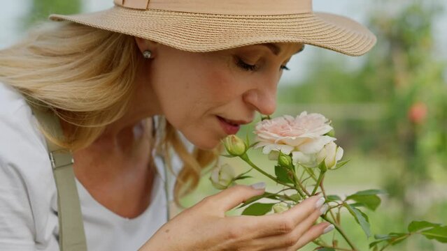 A smiling middle aged woman in profile view delicately tilts head for sniff favorite peonies scent. A lady looks with admiration at the created flower paradise. The concept of the identity of