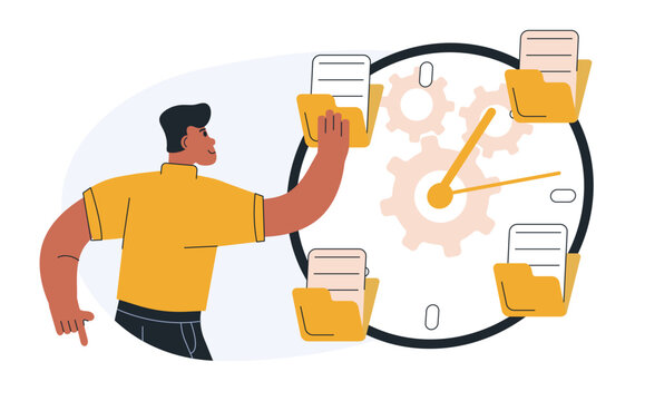Business management illustration. Organizing efficient business, planning schedule, setting priorities, reminders, doing tasks.Time management and schedule organization concept. Vector illustration.
