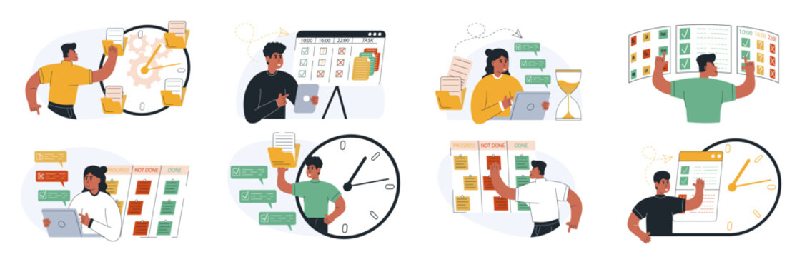Business management illustration set.Organizing efficient business, planning schedule, setting priorities, reminders, doing tasks.Time management and schedule organization concept. Vector illustration