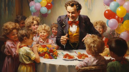 Fototapeta na wymiar A cheerful clown entertaining children at a birthday party with balloons