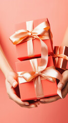 Female hands holding a gift box with a bow on a red background.