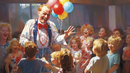 A cheerful clown entertaining children at a birthday party with balloons - obrazy, fototapety, plakaty