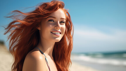 Beautiful redhaired girl smiling against the background of the beach and sea.