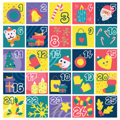 Colored advent calendar with different christmas objects Vector