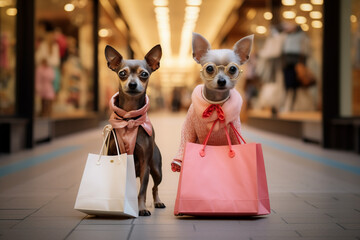 Hyper realistic HD Dogs Wearing Clothes with Bags While Shopping Gifts for Holidays. Human-Like Anthropomorphic Animal Character.