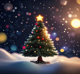 Obraz premium Fairy Christmas tree in a fabulous style with multicolored decor on background with the bokeh of fairy lights, in the snow, in the center. Christmas and New Year, festive mood, greeting card