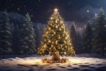 Obraz premium Fairy Christmas tree glows with warm fairy lights with golden decor in the forest in winter with snow. Christmas and New Year, festive mood, greeting card