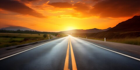  beautiful sun rising sky with asphalt highways road .