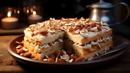 A cake with almonds on top of it