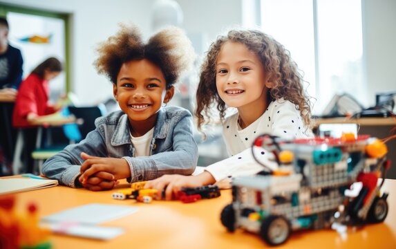 Enthusiastic Kids Of Different Nationality Working On Technology Project At School Making Artificial Intelligence Toys, Robotics