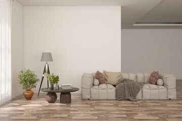 White scandinavian interior design with sofa. 3D illustration