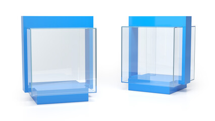 Glass cube tabletop showcase display. 3d illustration
