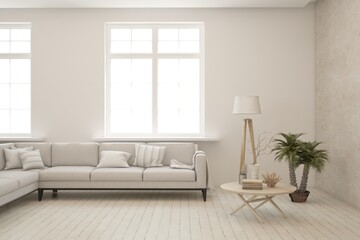 White scandinavian interior design with sofa. 3D illustration