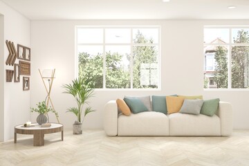 Bright interior design with modern furniture and summer landscape in window. 3D illustration