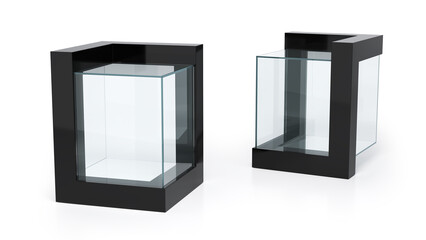Glass cube tabletop showcase display. 3d illustration