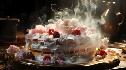 A cake with smoke coming out of it on a plate
