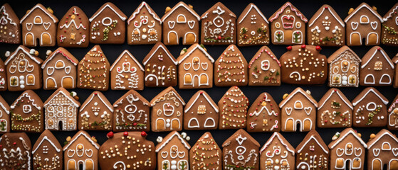 Gingerbread houses on a black background. Festive background. © Synthetica