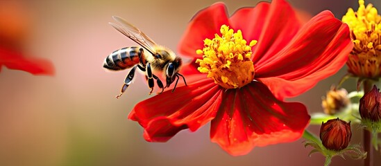 enchanting garden a busy honeybee diligently works to pollinate the vibrant red flower extracting sweet nectar to produce luscious honey with every intricate detail of the perianth catching 