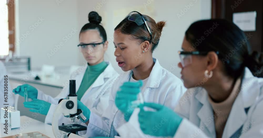 Poster science students, laboratory and question in classroom for microscope and learning at school with te