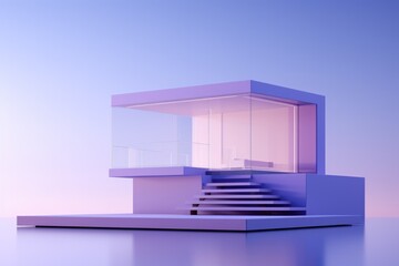 An abstract minimalist architectural model isolated on a purple gradient background 