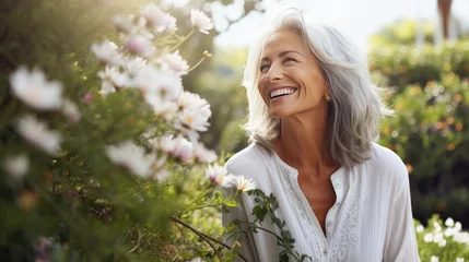 Foto op Canvas Beautiful gorgeous 50s mid age beautiful elderly senior model white woman in the garden  with grey hair laughing and smiling. Mature old lady close up portrait, generative ai © Hixel