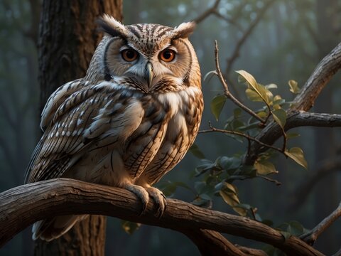 Realistic image of a remix bird with the majestic features of an owl and the agility of a gazelle, perched on a mythical tree branch. Ai Generative