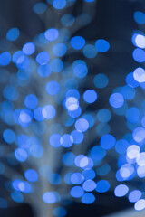 The concept of festive illumination and decoration is a Christmas garland with blue bokeh lights
