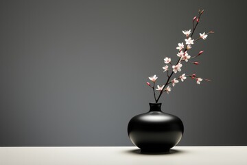 A minimalist black vase with a single white flower isolated on a gray gradient background 