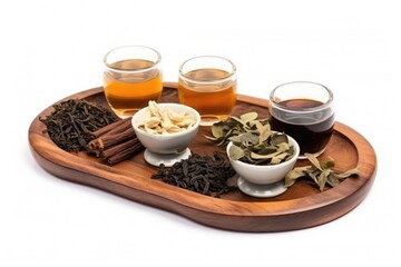 Obraz na płótnie Canvas assortment of tea in tray isolated on white. AI Generated
