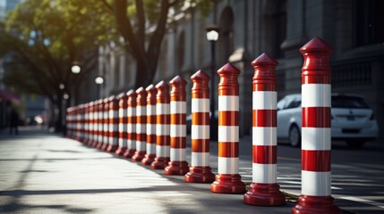 red and white striped road warning posts lining the street. - obrazy, fototapety, plakaty