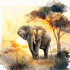 A watercolor painting of a majestic elephant standing in a lush green landscape, with the sun setting in the background- Generative AI