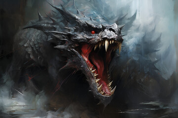 A black dragon roaring with its mouth wide open