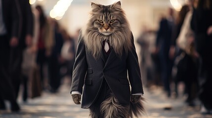 A cat wearing a suit and tie walking on a runway. Generative AI.