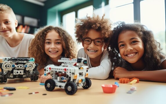 Enthusiastic Kids Of Different Nationality Working On Technology Project At School Making Artificial Intelligence Toys, Robotics