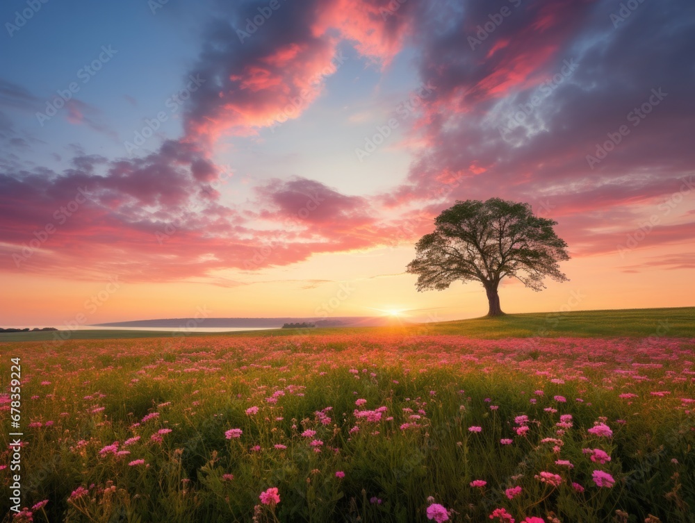 Poster A lone tree in a field of flowers at sunset. Generative AI.