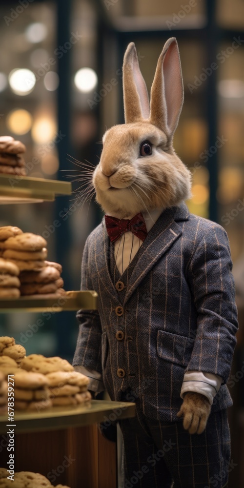 Aufkleber a rabbit in a suit and bow tie standing in front of a rack of donuts in a bakery. generative ai.