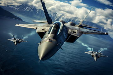A squadron of stunning, modern fighter jets flying over the sea.