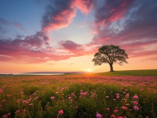 A lone tree in a field of flowers at sunset. Generative AI.