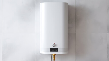 Modern home gas boiler, water heater. An isolated gas stove in interior. Water heating, ecology. Concept lifestyle. - obrazy, fototapety, plakaty
