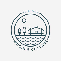 cottage line art with emblem vector logo illustration template design. sun, tree, lake barn idea