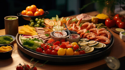 Appetizing food platter with a variety of delectable dishes. Meat and vegetable platter. Japanese food .