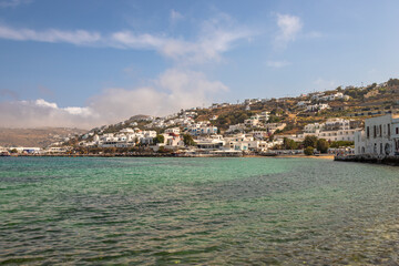 Fototapeta na wymiar Seascape Exposure of Mykonos, showing the beautiful green water of this magnificent Greek island
